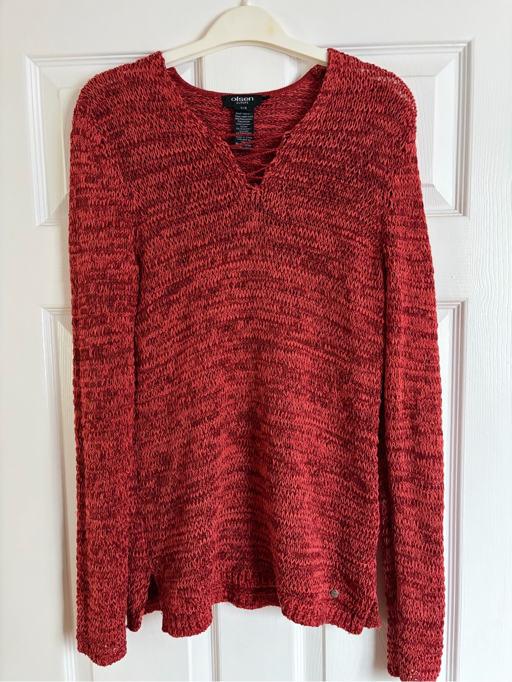 Olsen Europe Rustic Red Orange Open Knit Sweater Lace Up V Neck Long Sleeve S 6